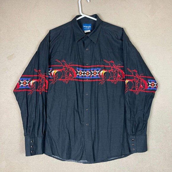 Wrangler Shirt Adult‎ Extra Large Black Rodeo Print Western Long Sleeve Mens - Picture 1 of 10